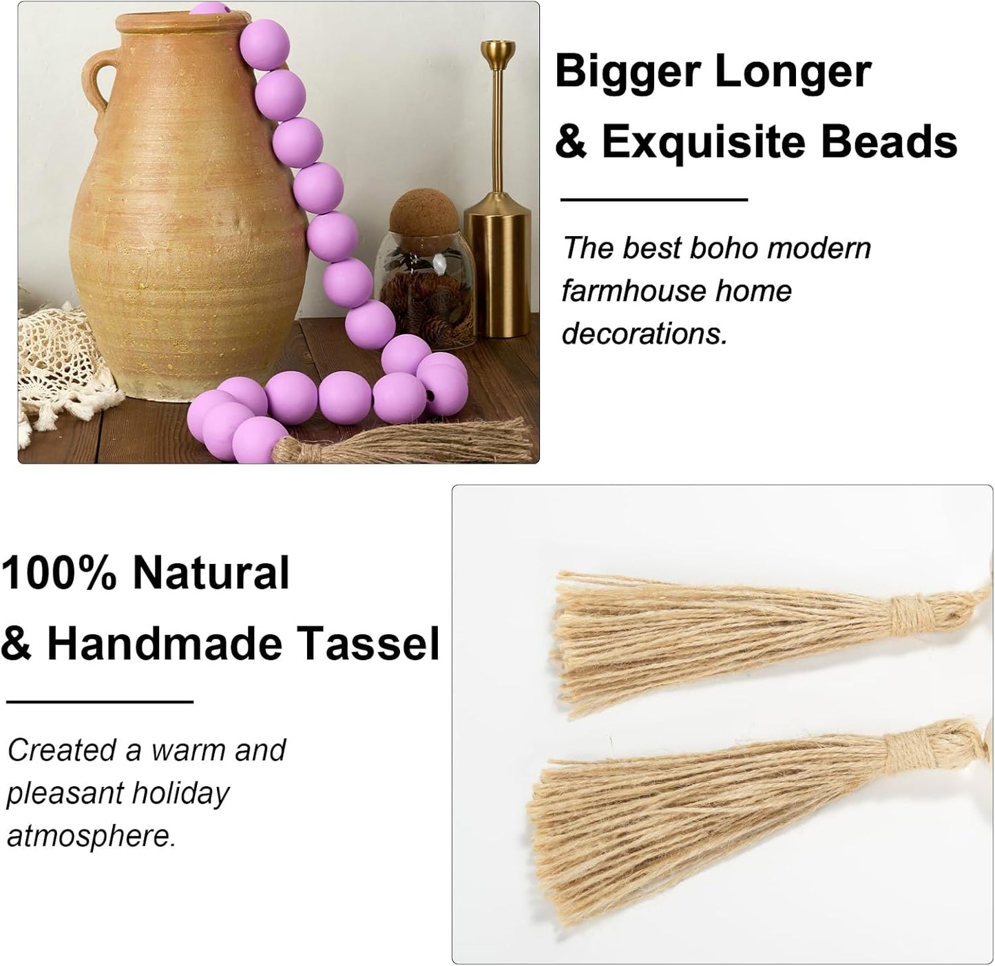 OMISHE Extra Large Wood Bead Garland with 1.6" Diameter Wooden Beads and Tassels, 41" Long Rustic Farmhouse Country Decorative Beads for Home Tiered Tray Decor, Natural Beige