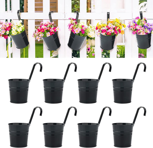 KINGLAKE Flower Pots,10 Pcs Metal Iron Hanging Flower Plant Pots Balcony Garden Plant Planter Baskets Fence Bucket Pot 4'' Flower Holders with Detachable Hook