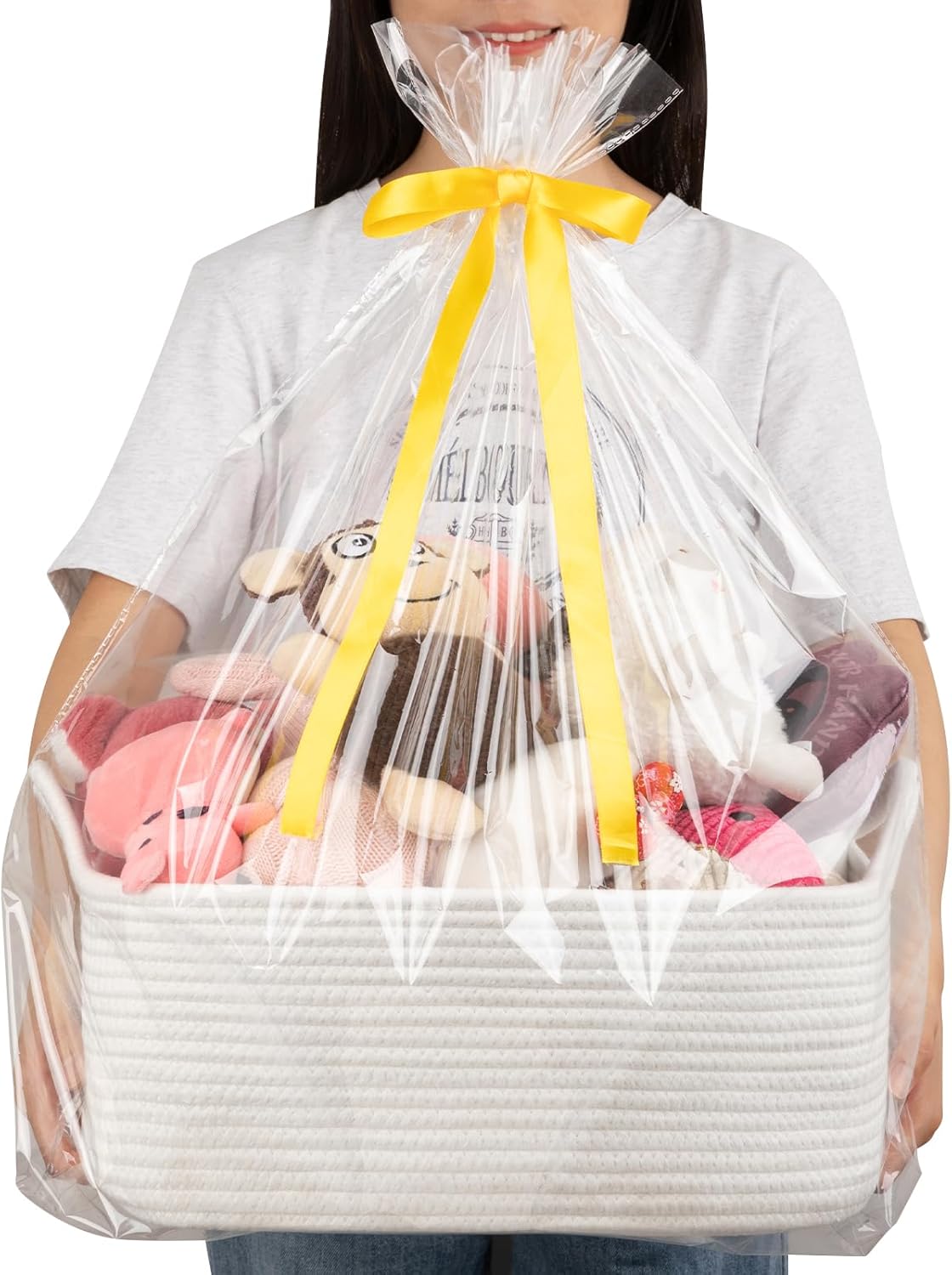 OIAHOMY Woven Basket, Gift Basket Empty with Gift Bags and Ribbons, Rope Baskets for Baby Showers, Storage Baskets with Handles for Nursery, Pet Toy Organizer - White