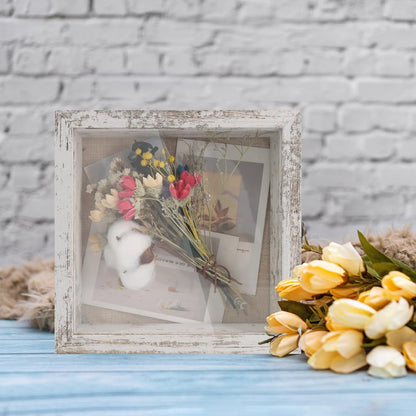 GraduationMall 13x16 Wood Shadow Box Frame Glass Door Display Case with Linen Back and 6 Stick Pins,1.5 inches Interior Depth,Ideal for Memorabilia Pictures Flowers Medals Tickets Rustic White