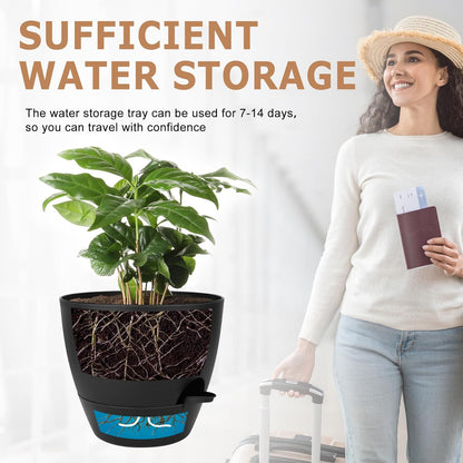 QRRICA Plant Pots 10/9/8/7.5/7 Inch Self Watering Pots, Set of 5 Plastic Planters with Drainage Holes and Saucers,Plastic Flower Pots,Nursery Planting Pot for Indoor Out Door Plants（Green）