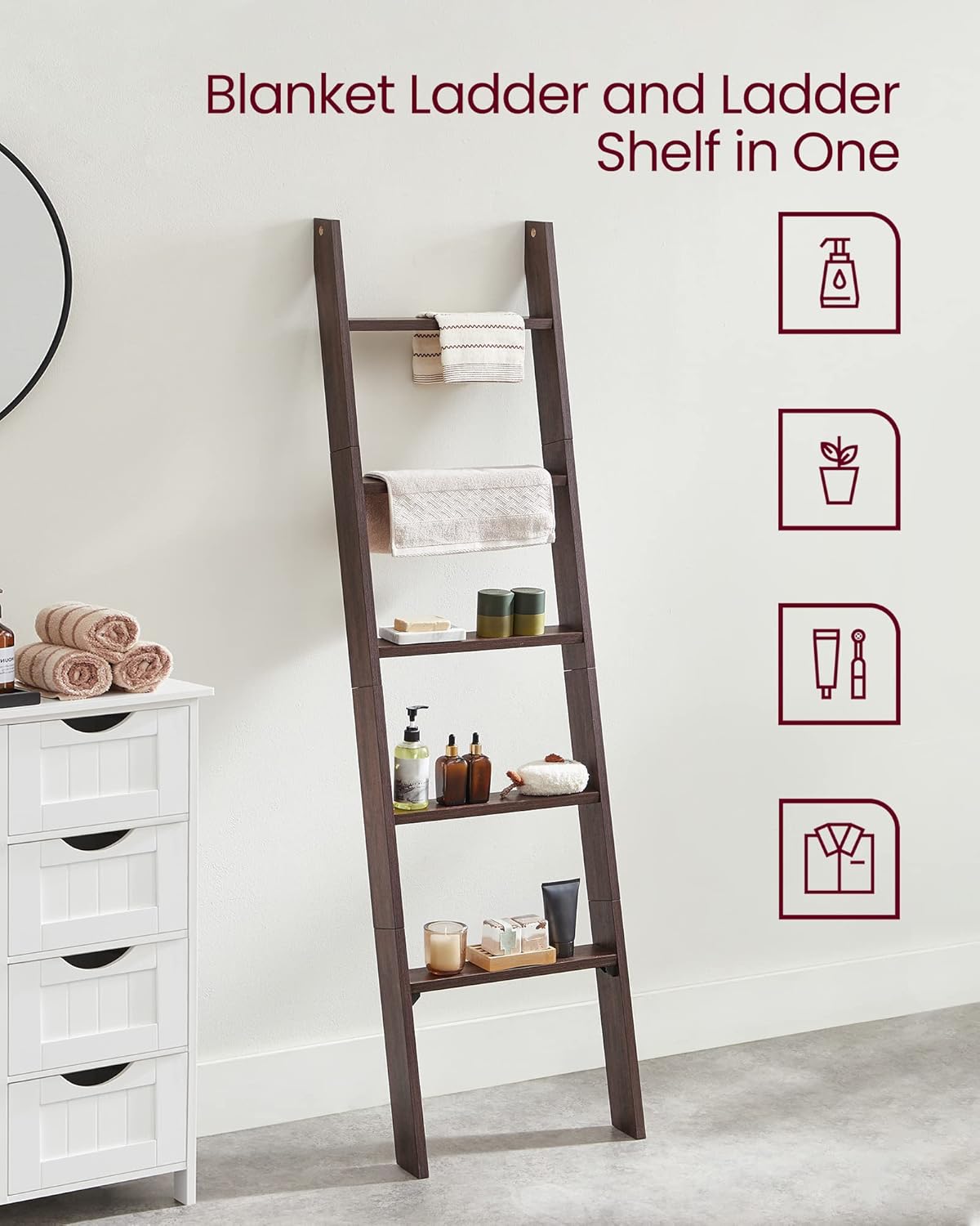 VASAGLE Blanket Ladder Decorative Farmhouse for The Living Room, 5-Tier Ladder Shelf, Ladder Rack for Storage and Decor, Honey Brown ULLS018K41