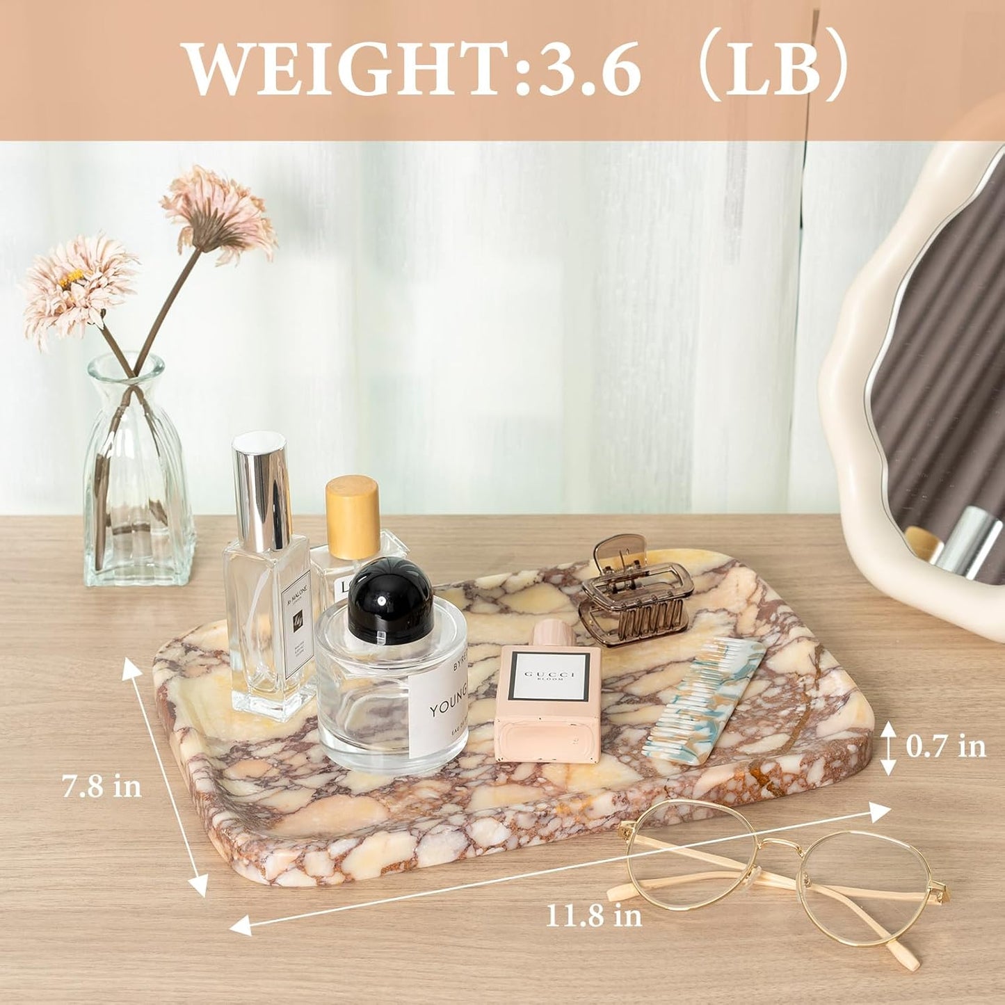 Marble Vanity Tray for Dresser Organizer, Travertine Bathroom Tray Countertop, Beige Decorative Serving Trays, Kitchen Sink Storage, Jewelry & Perfume Holder(Travertino Romano)