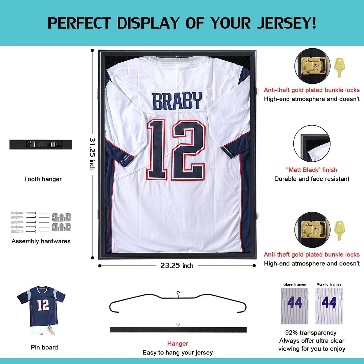 KCRasan Jersey Display Frame Case - Large Lockable Frames Shadow Box with UV Protection for Baseball Basketball Football Soccer Hockey Sport Shirt Matte Black Finish