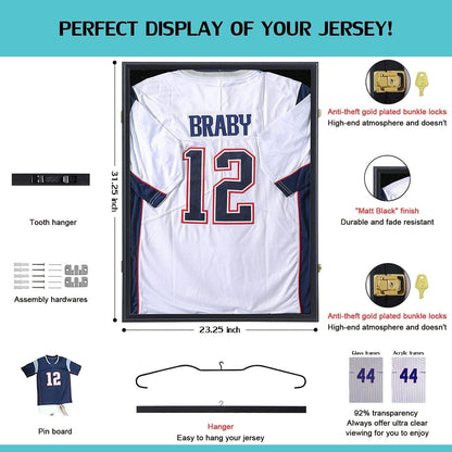 KCRasan Jersey Display Frame Case - Large Lockable Frames Shadow Box with UV Protection for Baseball Basketball Football Soccer Hockey Sport Shirt Matte Black Finish