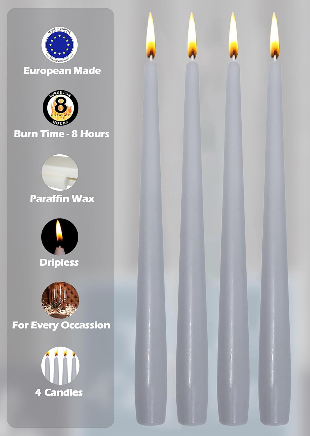 Hyoola Tall Taper Candles - 10 Inch Metallic Gold Unscented Dripless Taper Candles - 8 Hour Burn Time - 4 Pack
