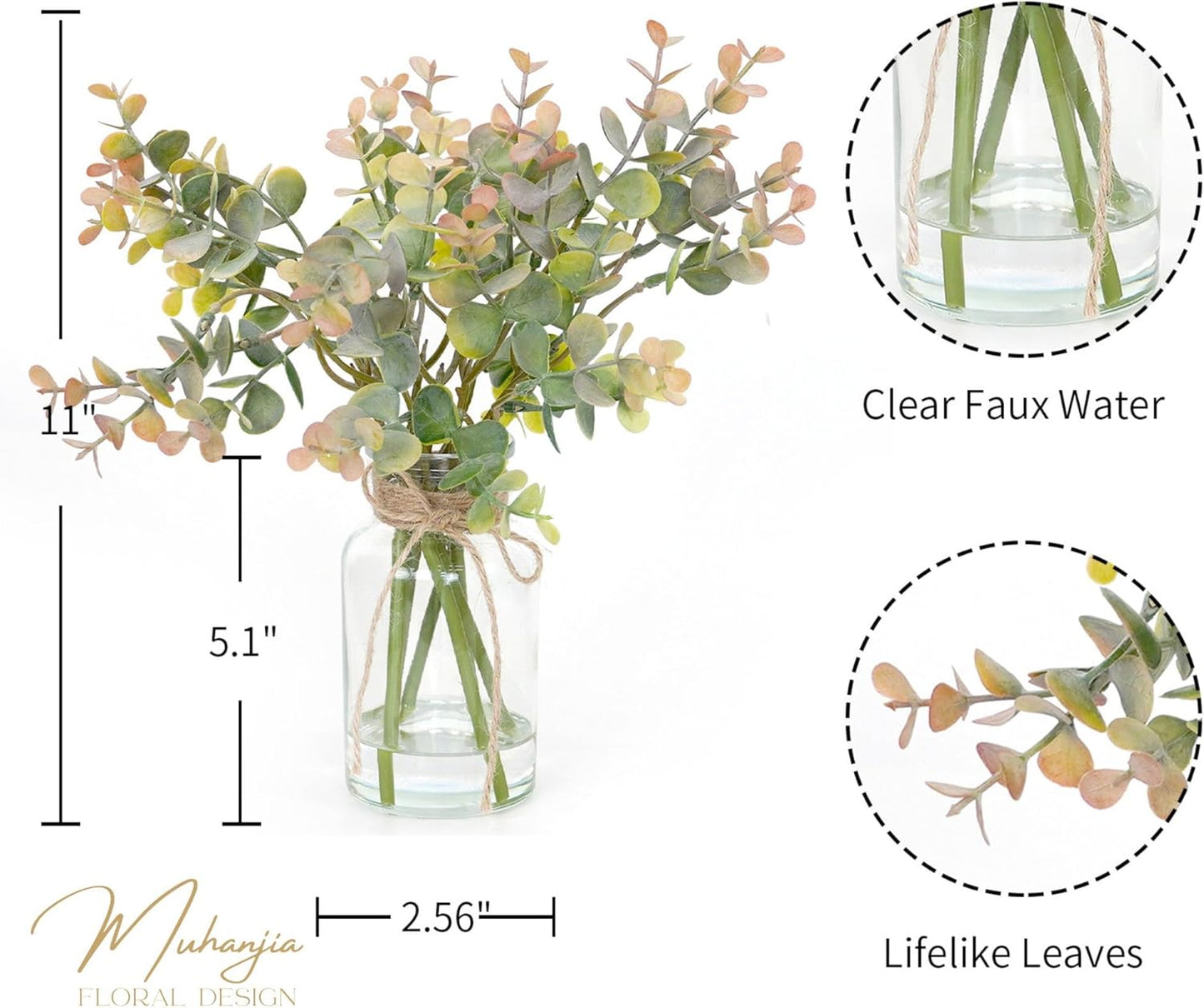 Muhanjia Artificial Eucalyptus Stems in Glass Vase with Faux Water,3Pcs Fake Plant with Double-Sided Green Leaves for Centerpiece(Double-Sided Green Eucalyptus)