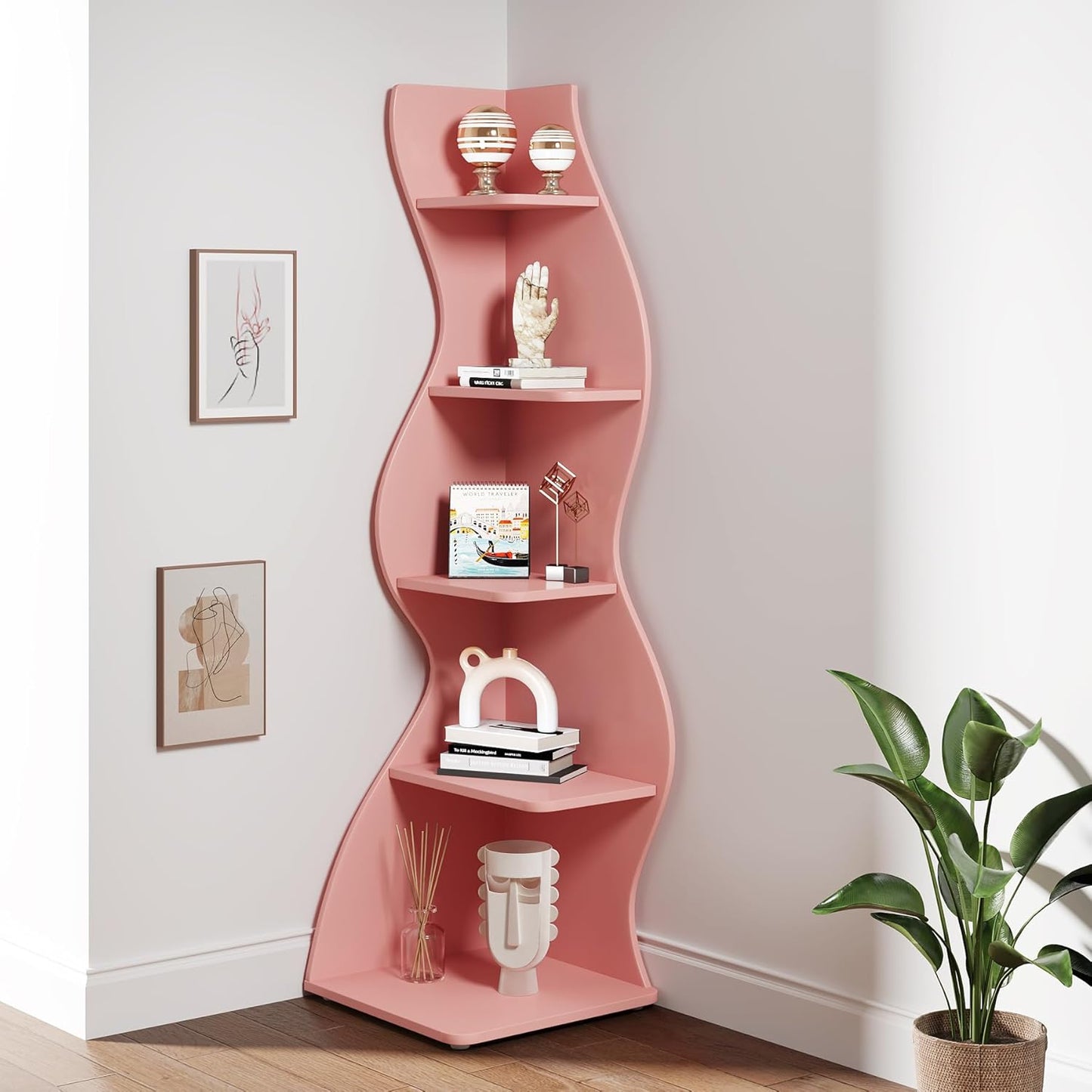 Tribesigns Corner Shelf, Modern 5-Tier Wall Corner Bookshelf, Stylish Corner Small Bookcase Storage Rack Plant Stand with Unique Shape for Living Room, Home Office (White, 1PC)