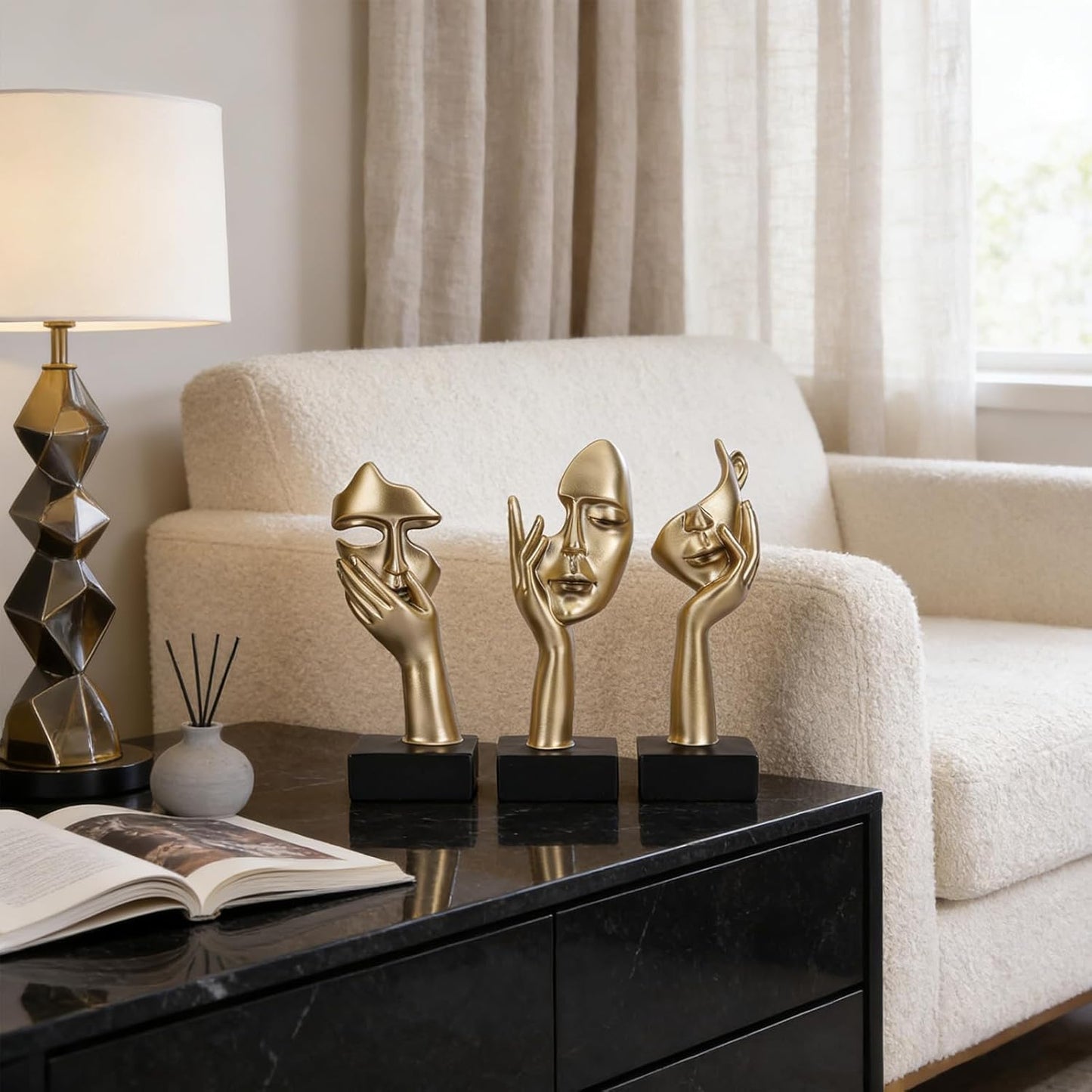3 Pcs Thinker Small Statue Set - Black Gold Home Decor Abstract Art Figurines for Shelves, Living Room Coffee Table, Office Desktop (3 Pcs Gold, 6")