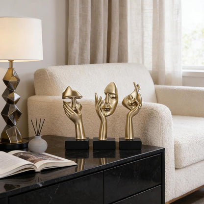 3 Pcs Thinker Small Statue Set - Black Gold Home Decor Abstract Art Figurines for Shelves, Living Room Coffee Table, Office Desktop (3 Pcs Gold, 6")