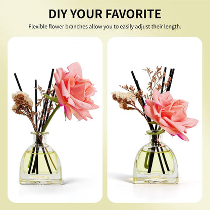 Reed Diffusers Set Flower Scented Diffuser for 140 Days, Flower Diffuser 8.5 fl oz with Dried Flowers and Decorative Rose, Long Lasting Home Fragrance with 10 Sticks for Bathroom, Shelf, Office Decor
