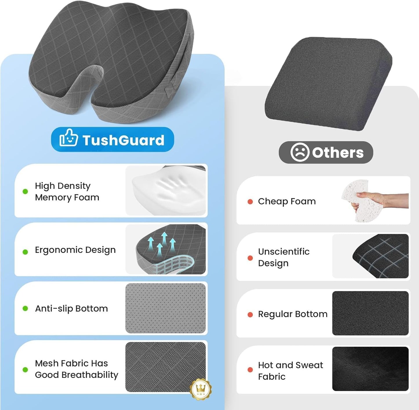 TushGuard Seat Cushion - Memory Foam Cushion for Office Chair, Car Seat, Airplane, Bleacher - Sciatica & Hip & Coccyx Pain Relief Desk Chair Cushion for Long Sitting Office Workers, Car Drivers