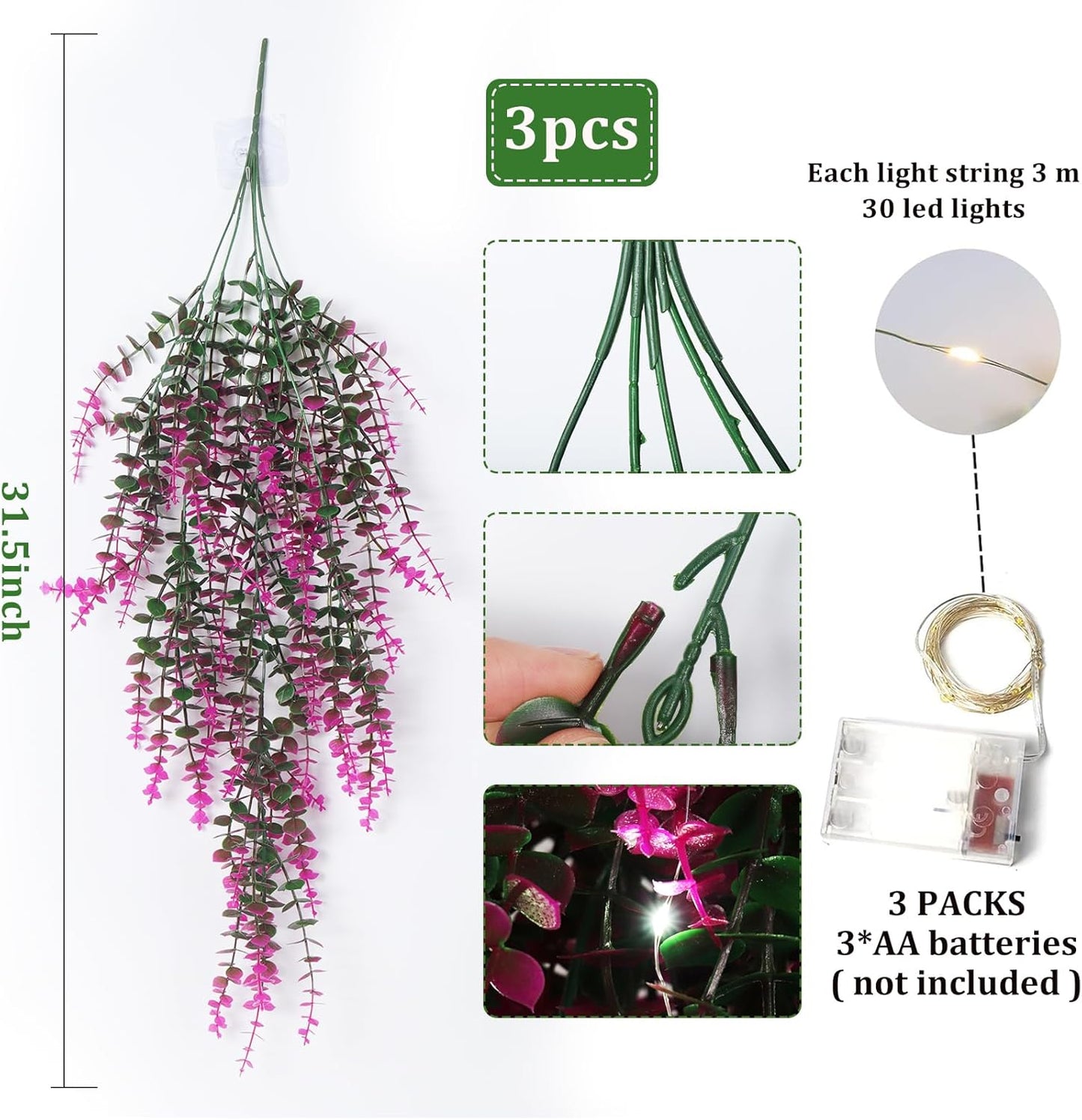 RECUTMS Artificial Hanging Plants Fake Hanging Plant Faux Eucalyptus Leaf Greenery Vine Outdoor UV Resistant Plastic Plants Home Garden Wedding Party Indoor Outdoor Decorations(White)