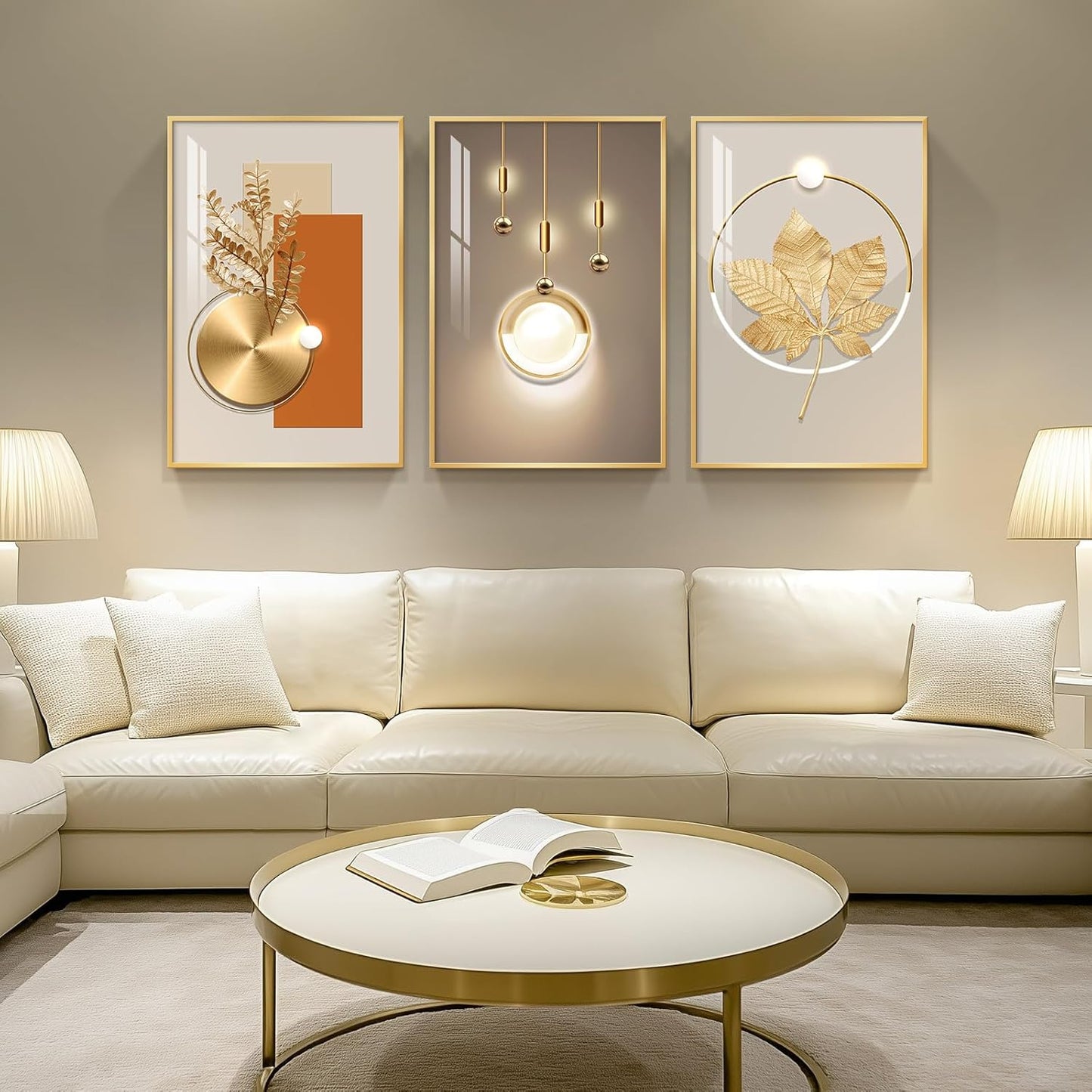 Framed Modern Luxury Gold Wall Art, Set of 3 Piece Contemporary Paintings Artwork for Walls, Golden Prints Pictures with Gold Frame, Wall Decor for Living Room, Hallway, Bedroom, Office 16x24 Inch