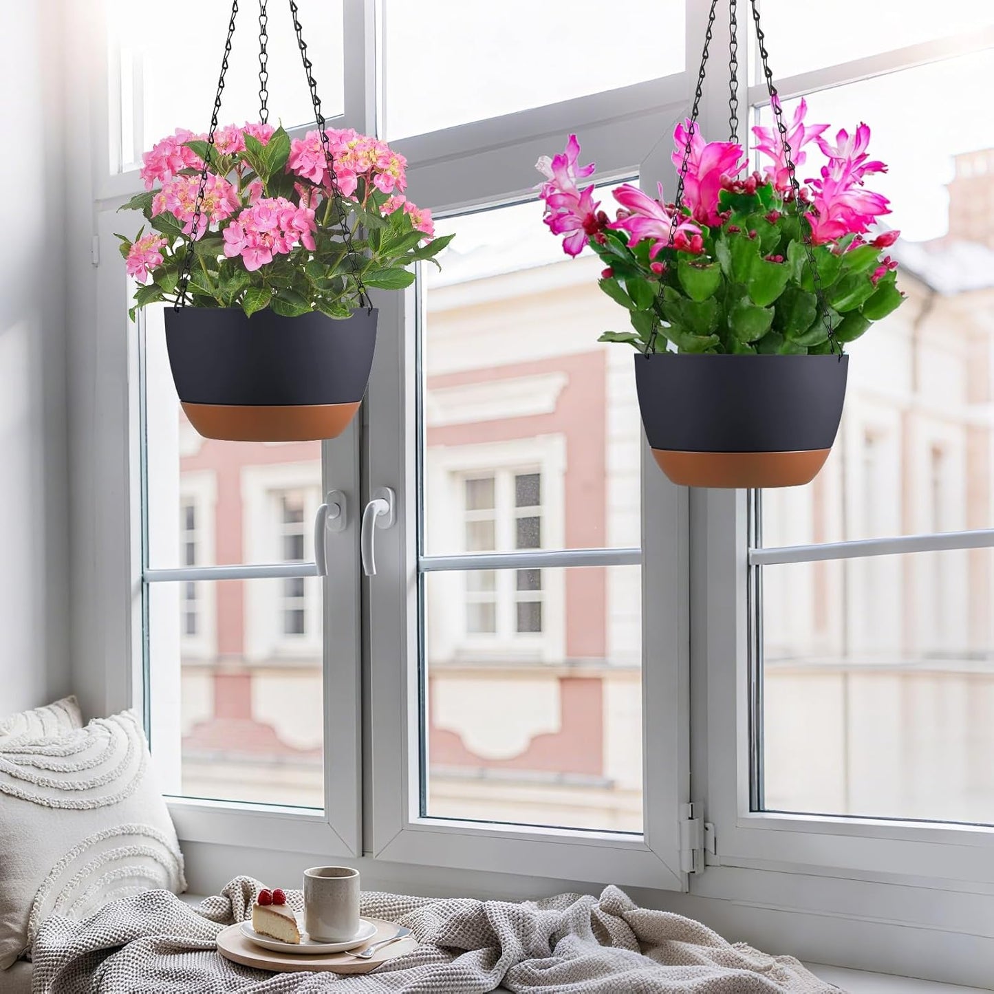 Set of 2 Hanging Planters for Indoor Outdoor Plants, 8 Inch Self-Watering Hanging Flower Pots with Drainage Hole & Removable Water-Storage Tray (Hooks)