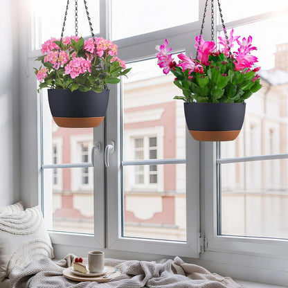 Set of 2 Hanging Planters for Indoor Outdoor Plants, 8 Inch Self-Watering Hanging Flower Pots with Drainage Hole & Removable Water-Storage Tray (Hooks)