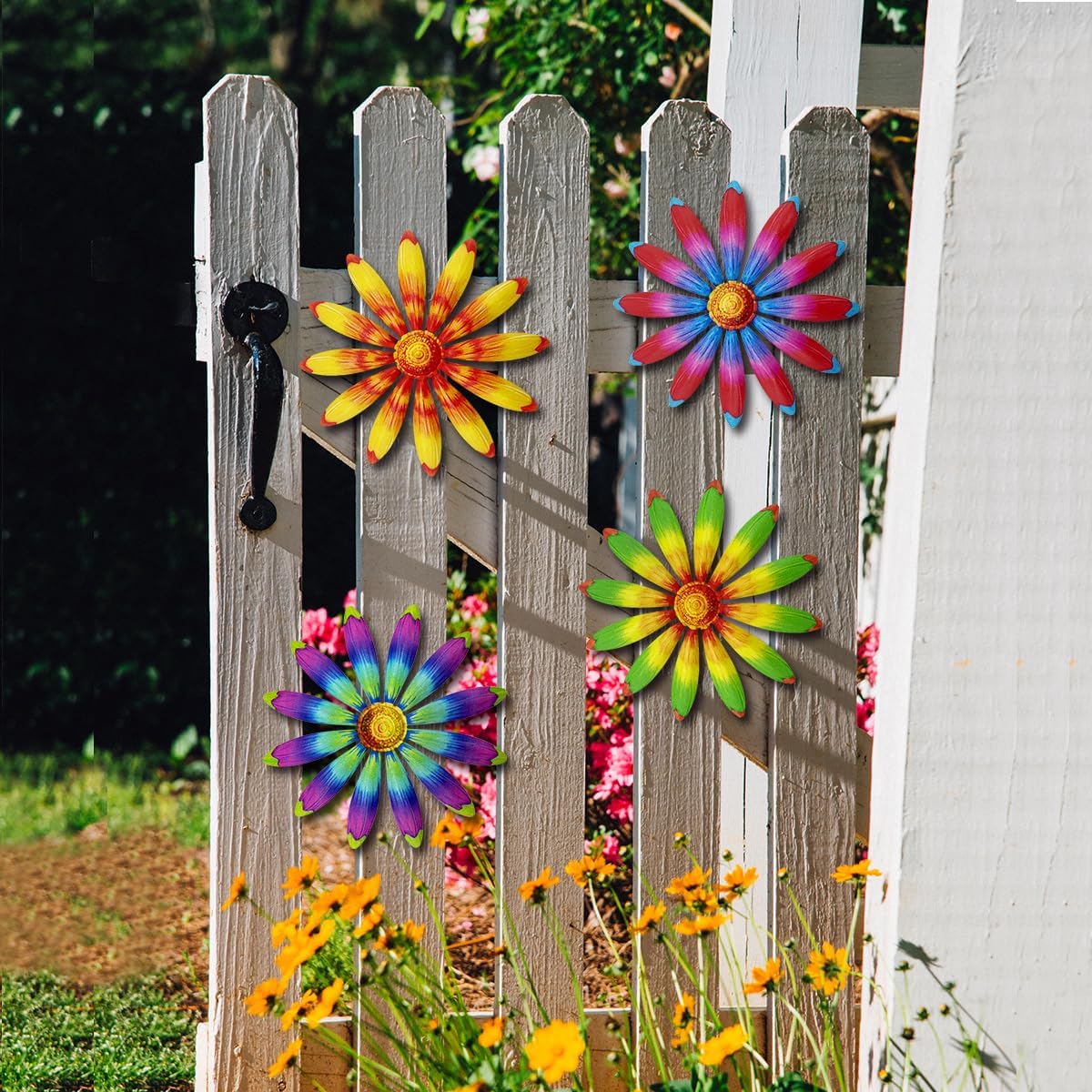 Giyyomtr Metal Flowers Wall Decor - 4pcs 6.2'' Metal Wall Art Hanging Decorations for Outdoor Fence Garden Yard Patio Exterior Wall Decor