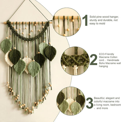 Artilady Macrame Wall Hanging -Handmade Sage Green Leaf Wall Tapestry,Boho Decorations for Bedroom Living Room Bathroom,Earthy Room Decor,Wedding Birthday for Women Girls