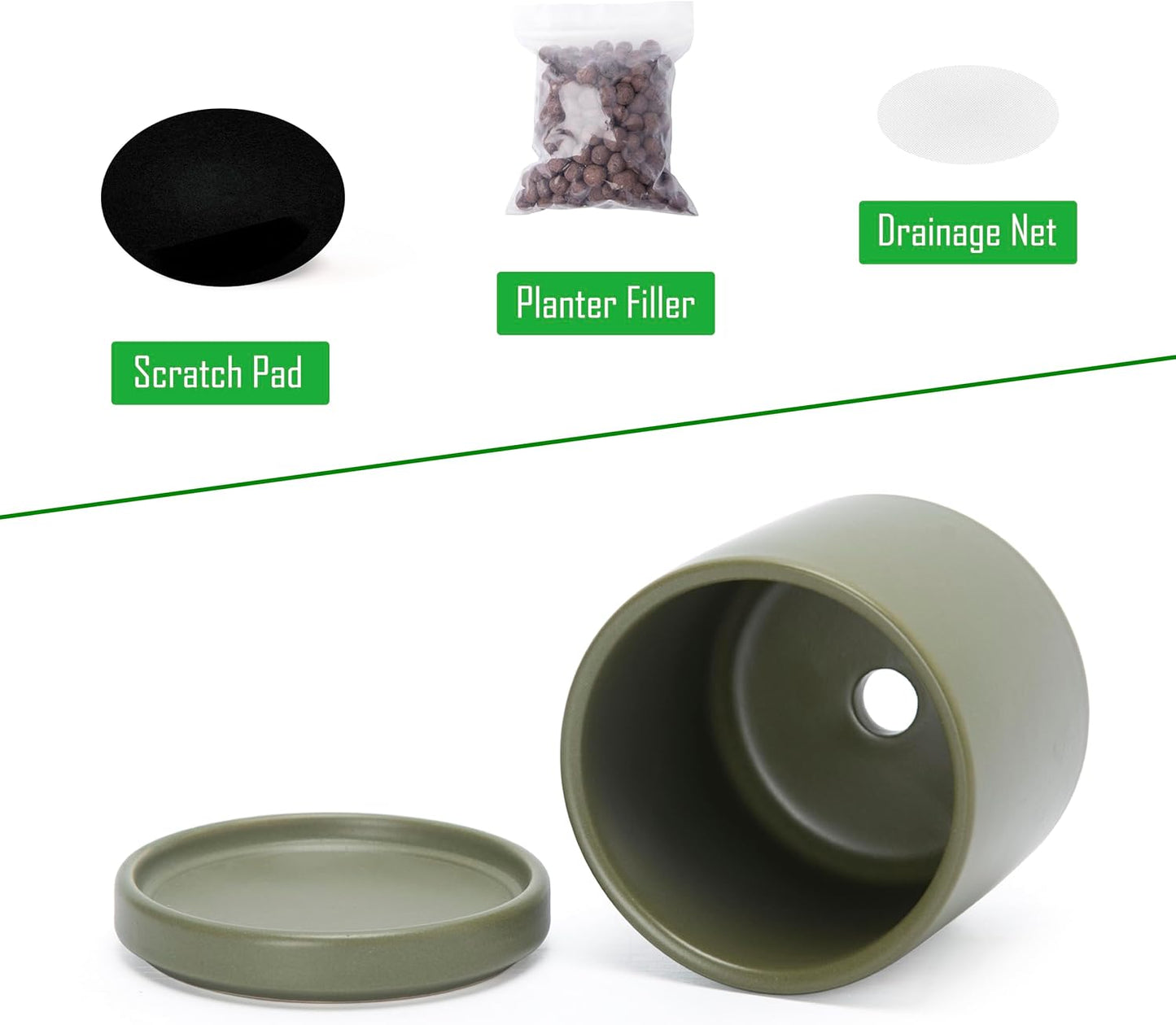 D'vine Dev 6.5 Inch Ceramic Planter Pot with Drainage Hole and Saucer, Indoor Cylinder Round Planter Pot, Olive, 94-O-C-J