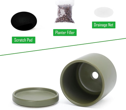 D'vine Dev 6.5 Inch Ceramic Planter Pot with Drainage Hole and Saucer, Indoor Cylinder Round Planter Pot, Olive, 94-O-C-J