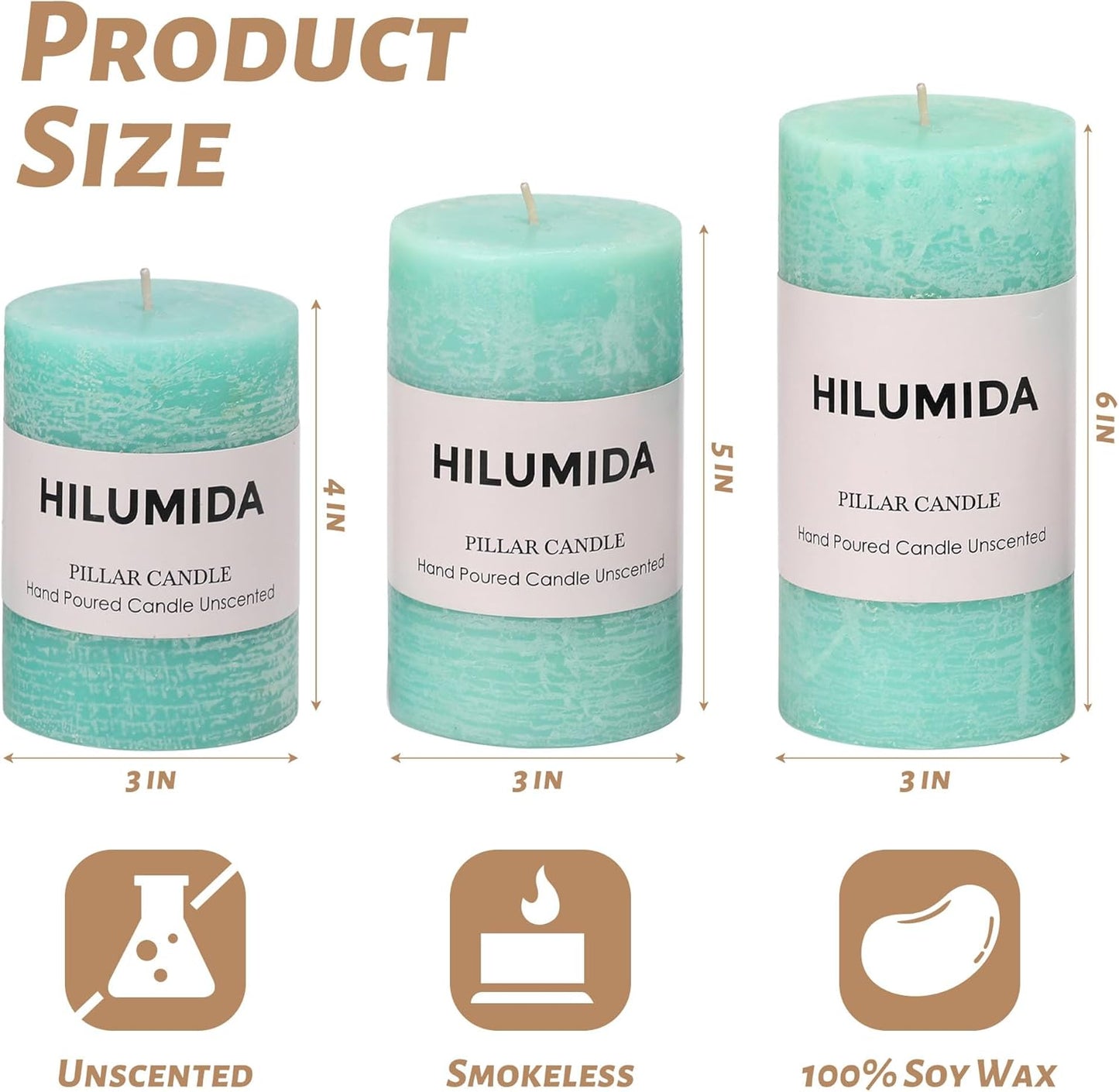 Sage Green Pillar Candles Set of 3 - Hand-Poured Unscented Candles,Smokeless Dripless Candles for Dinner Table and Home, Set of 3 in Different Sizes (3"x4", 3"x5", 3"x6")