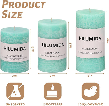 Sage Green Pillar Candles Set of 3 - Hand-Poured Unscented Candles,Smokeless Dripless Candles for Dinner Table and Home, Set of 3 in Different Sizes (3"x4", 3"x5", 3"x6")