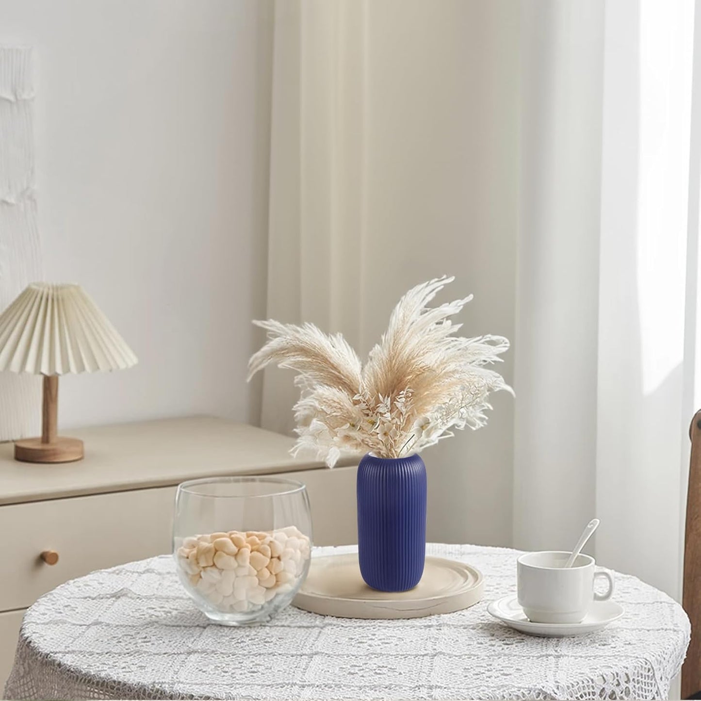 Ceramic Vase for Flowers – Modern Small Ribbed Textured Flower Vase for Home Decor, Pampas Grass, Decorative, Farmhouse, Coffee Table, Kitchen Centerpieces, Bookshelf and Home Living (White)