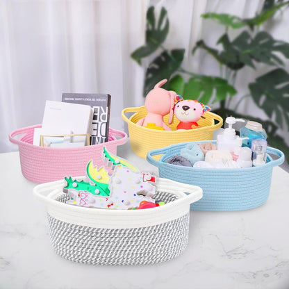 ABenkle Small Basket with Handles, Boho Decorative Rope Woven Dog Cat Toy Storage Bin Shelf Storage Organizer, Easter Christmas Gift Basket, 12"x8"x5", White