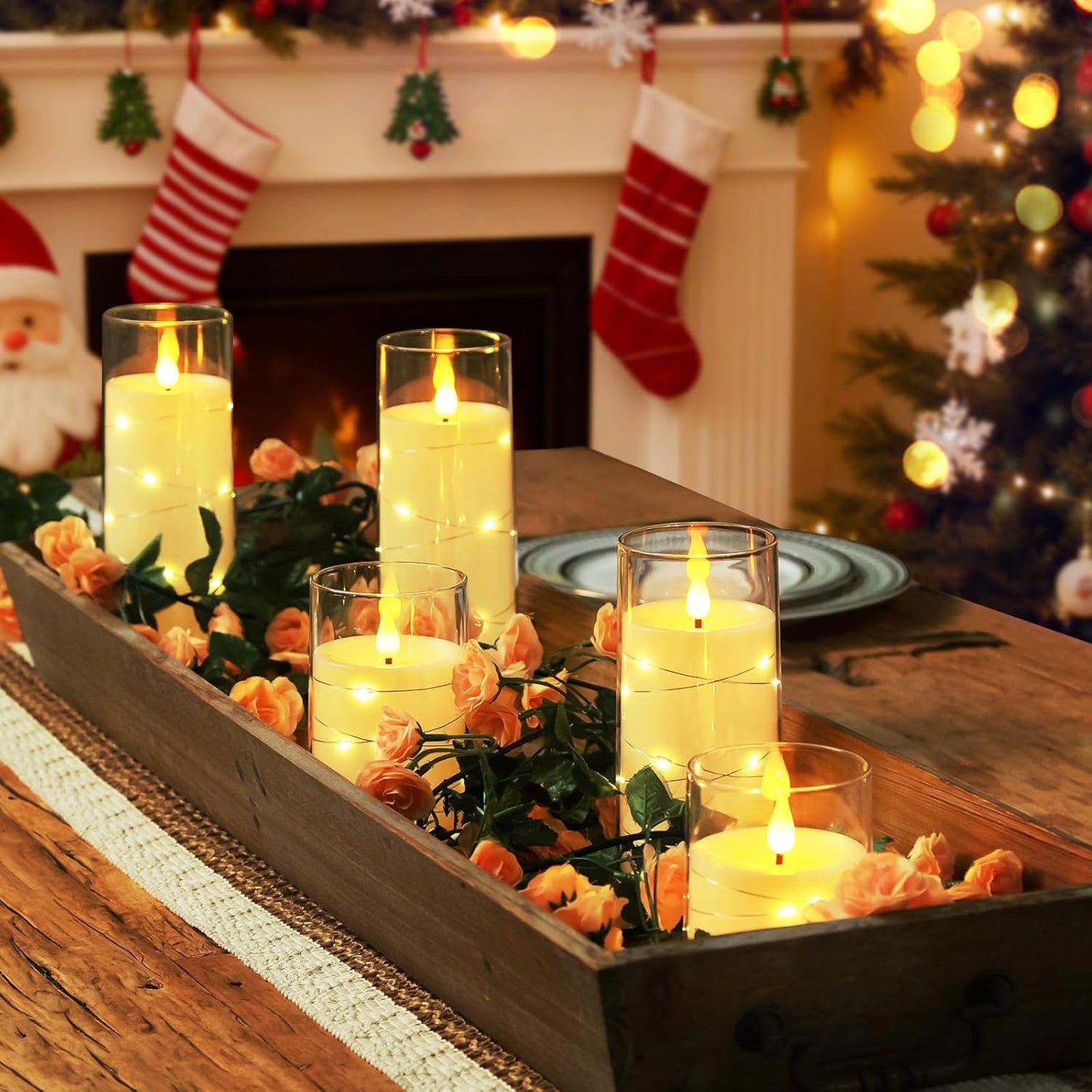 Homemory Flameless Candles with Embedded Star String Fairy Lights, Battery Operated Candles, LED Candle, Fake Candles with Remote Control and Timer for Halloween, Gray Acrylic, Set of 5(H4"5"6"8"8")