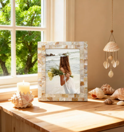 Silver Plate Picture Frame 5x7 Mother of Pearl 5 by 7 Photo Frame Mosaic Glass Tabletop Frame (Grey+ White,1pc)