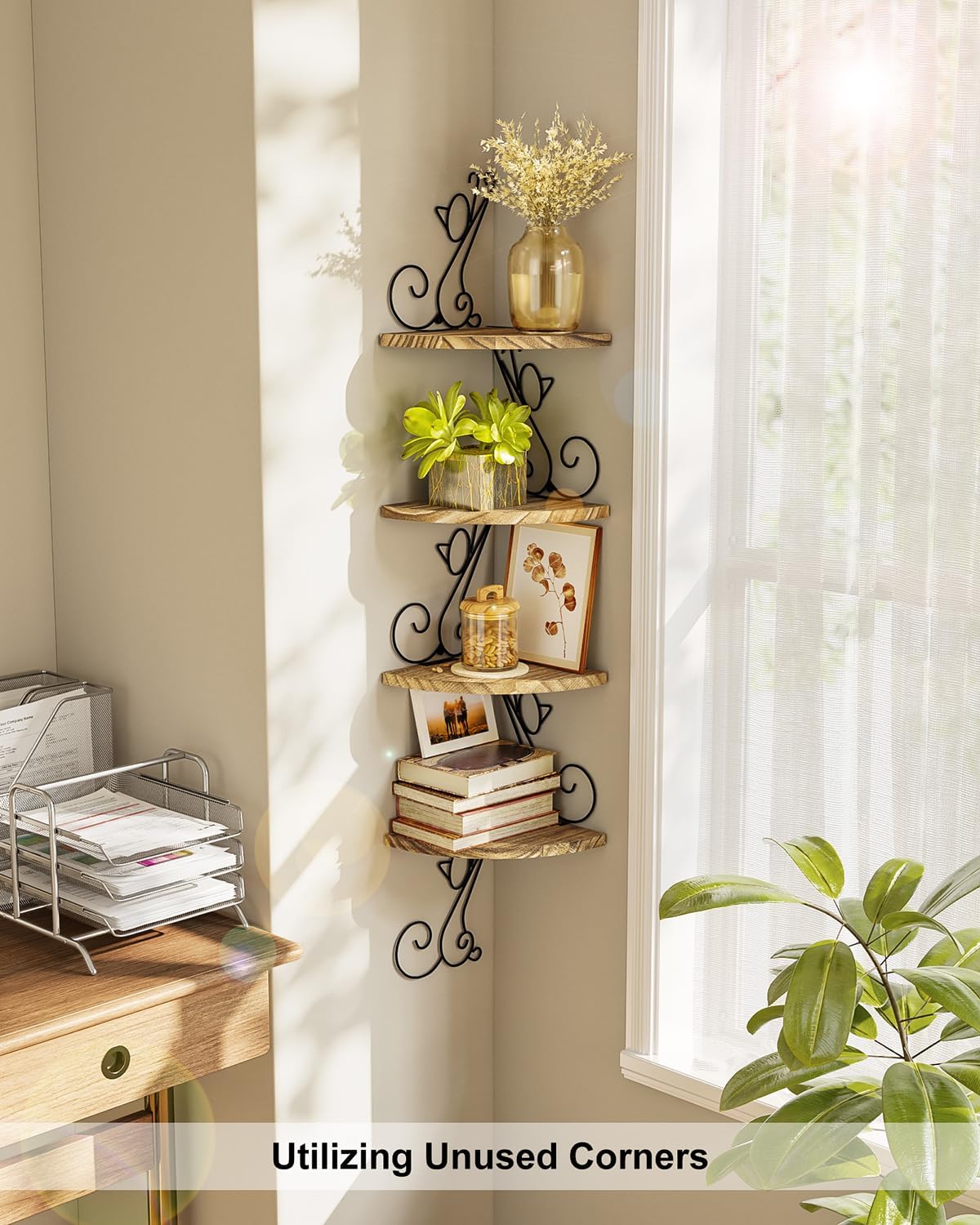 Alsonerbay Corner Shelf Wall Mount, 4 Tier Floating Shelves for Wall, Easy-to-Assemble Wall Shelves Rustic Wood Decor for Bedroom Living Room Bathroom Kitchen Office, Walnut Finish
