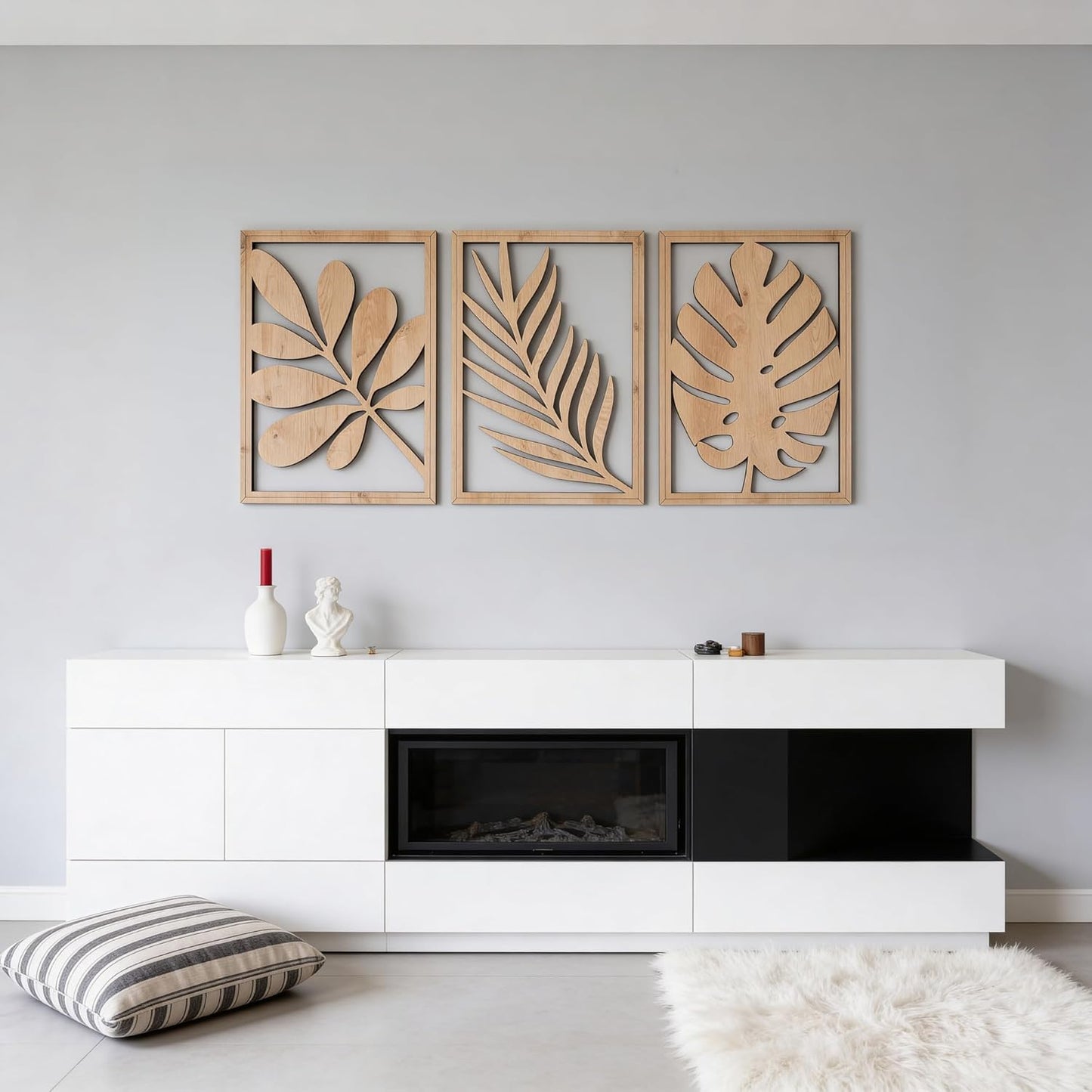 qmmp Modern Wooden Wall Sculptures - Set of 3 - Home Decor Accent - Large Wall Art for Living Room, Bedroom, Office - Easy Installation (Oak, Medium - Mountain and Sun)