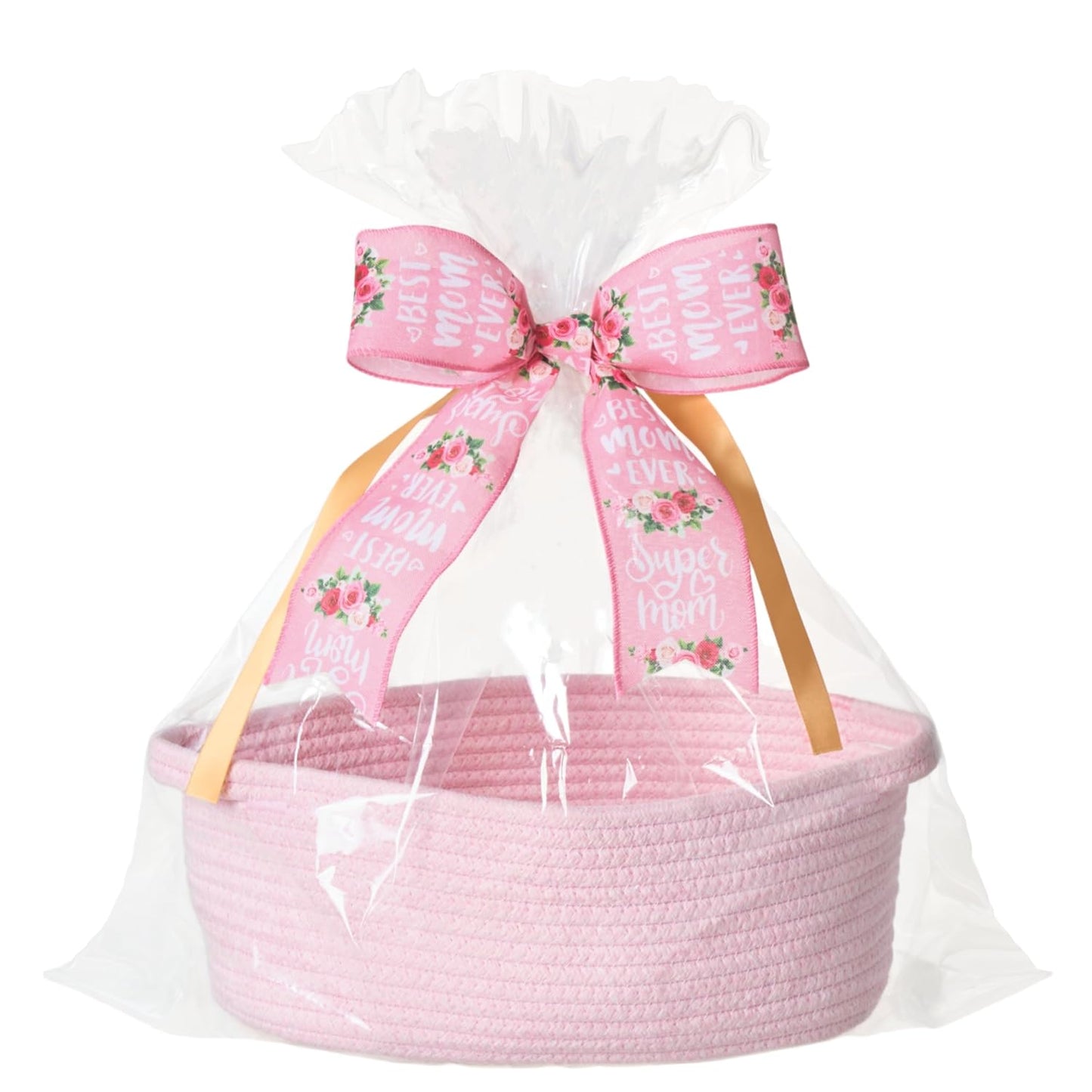 Small Woven Gift Basket Empty with Bag & Ribbon - Gifts for Mom, Baby Shower, Birthdays & Raffle - Cotton Rope Storage Basket for Dog Toys or Shelf - 12"x8"x5", White
