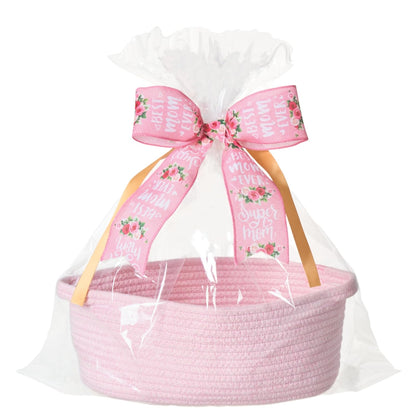 Small Woven Gift Basket Empty with Bag & Ribbon - Gifts for Mom, Baby Shower, Birthdays & Raffle - Cotton Rope Storage Basket for Dog Toys or Shelf - 12"x8"x5", White