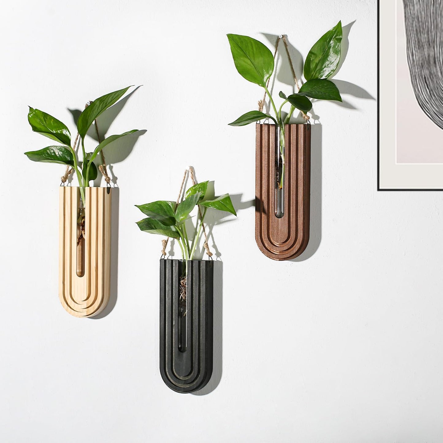 Dnnnii 2 Pack Wooden Wall Vase Set - Brown Finish Modern Farmhouse & Boho Wall Decor for Entryway, Hallway, Bathroom, Living Room, Dining Room, Narrow Spaces