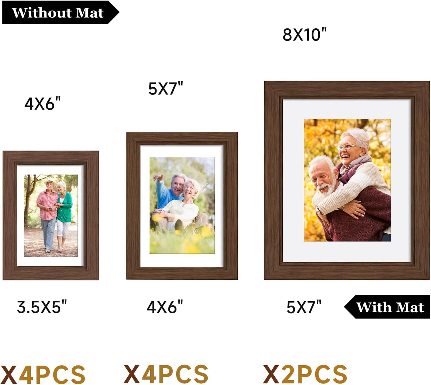 Povrgive Picture Frames, Made of Real Glass and Wooden Frame, Gallery Photo Frames Set of 10 for Collage Wall Decor, Multi Sizes Including 8x10, 5x7, 4x6 for Mounting or Tabletop Display, Wood