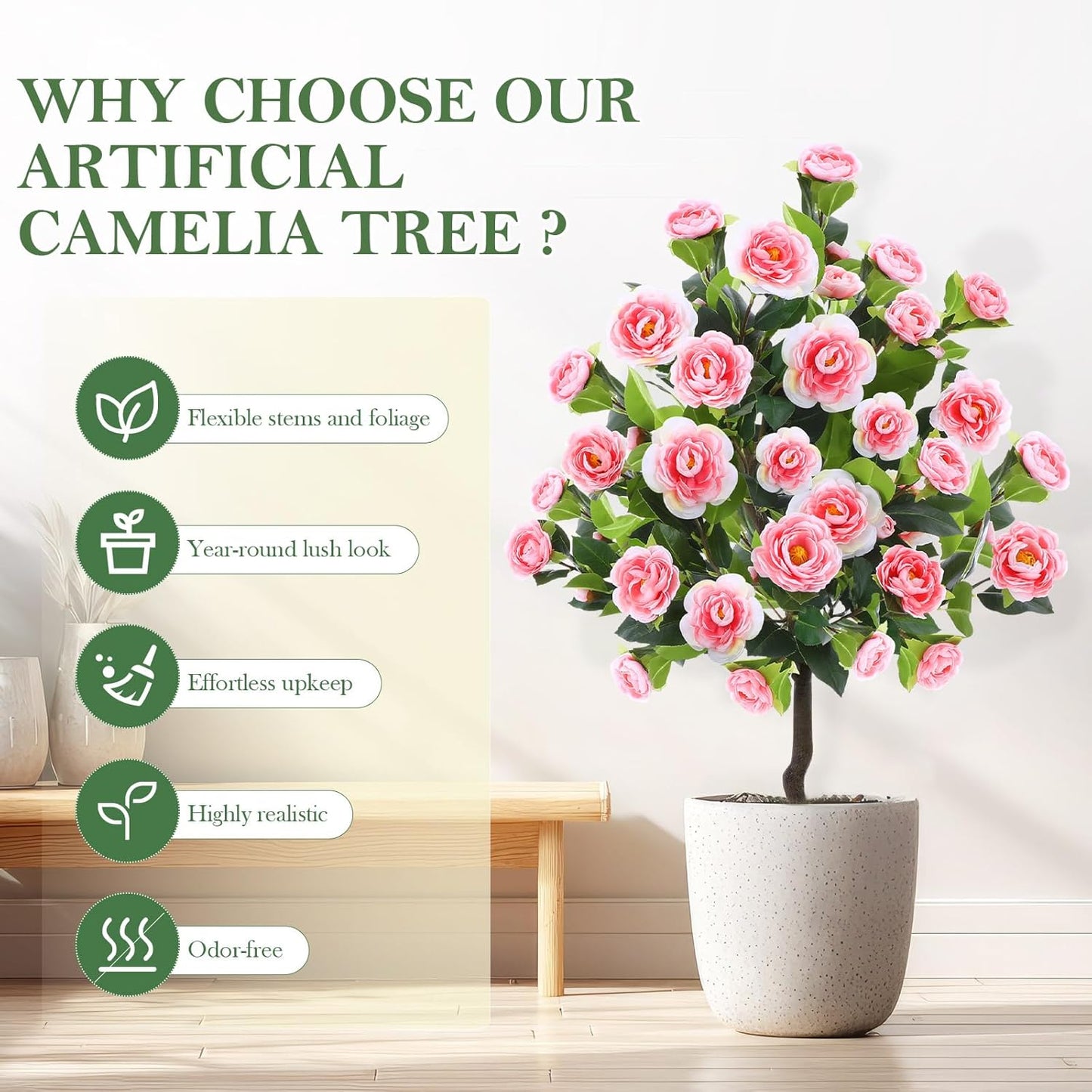 Lunmon 2 Pack 3ft Artificial Camellia Plants Tree 36" Faux Camellia Flower with Spike UV Resistant Realistic Fake Floral Blooming Bush for Indoor Outdoor Front Door Porch Backyard Garden, Purple