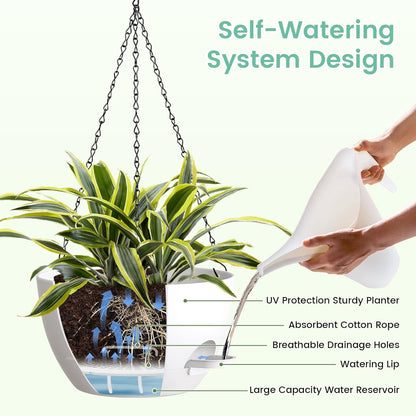UOUZ Set of 3-10 Inch Self Watering Hanging Planters for Indoor Outdoor，Hanging Plant Pots with Drainage & Removable Tray, Hanging Pots Holder for Ivy, Pothos, Ferns, Balcony & Patio, Black with Brown