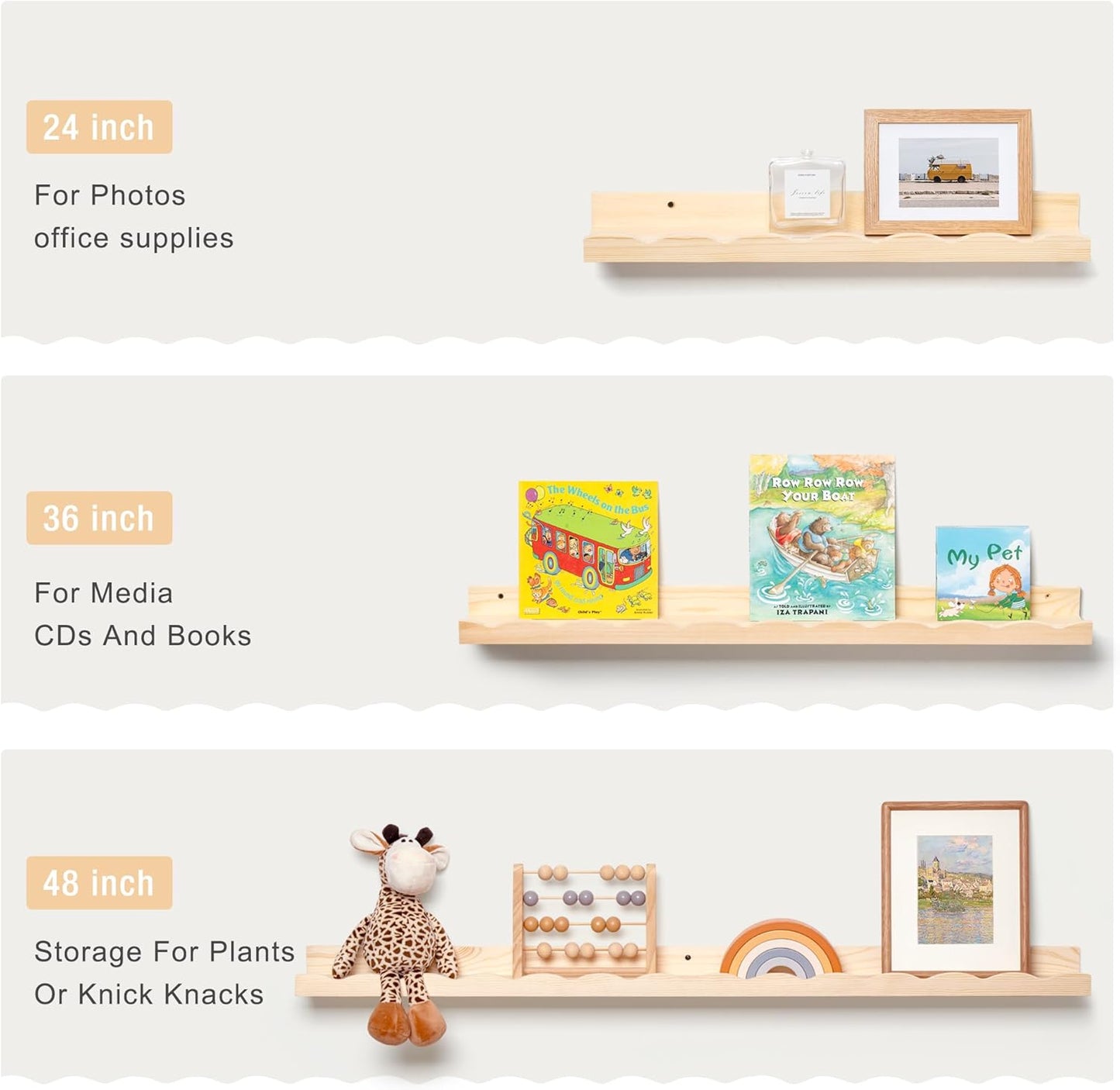 Fun Memories Picture Ledge Shelf for Wall, 24 inch Pine Wood Nursery Book Shelves Set of 2- Wall Book Shelves for Kids Room, Home Decor - Kitchen Spice-White