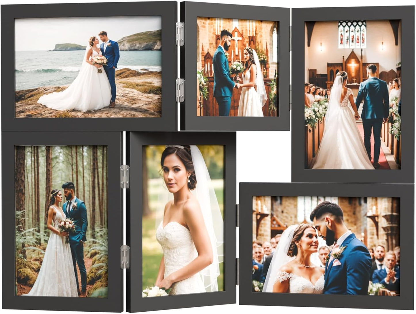 WARM&LOVE 6 Picture Frame, 4x6 & 4x4 Six Folding Hinged Photo Frames, Rustic Wood Desk Family Photo Collage Stand Vertical on Tabletop for Birthday Family Lover Gift (Black)