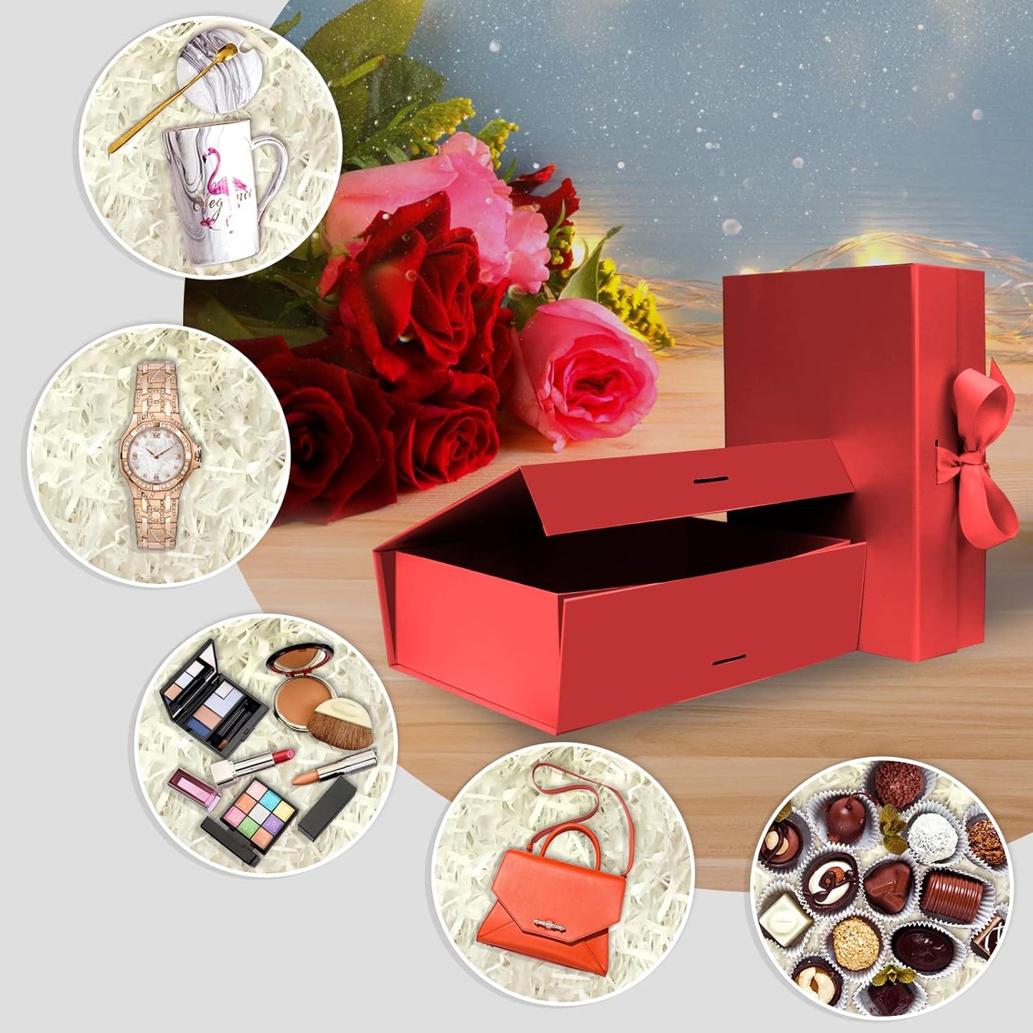 DaiUni 10.5"X7.5"X3.1" Pink Magnetic Gift Box with Lid and Ribbon for Presents