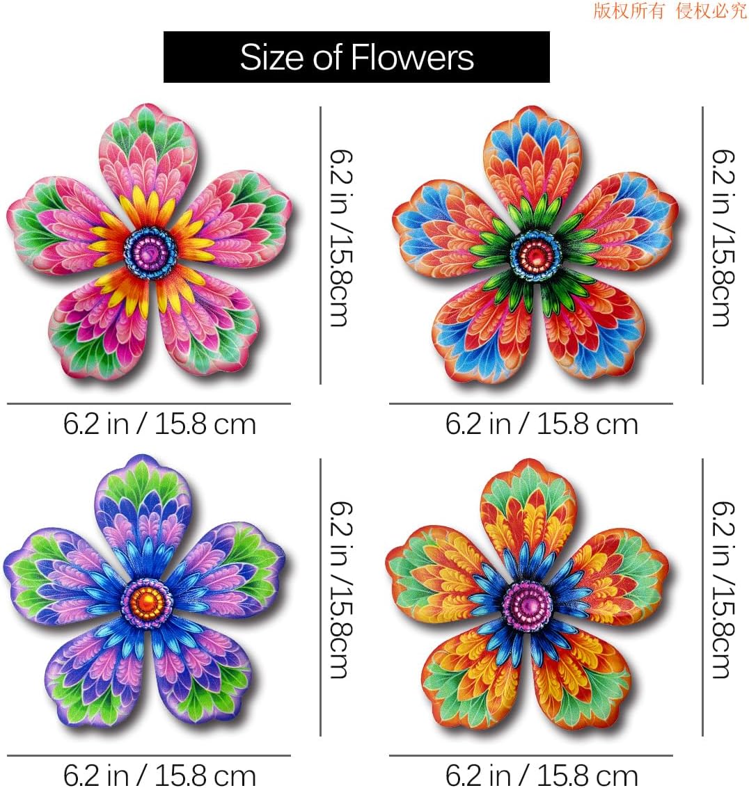 Giyyomtr Metal Flowers Wall Decor - 4pcs 6.2'' Metal Wall Art Hanging Decorations for Outdoor Fence Garden Yard Patio Exterior Wall Decor