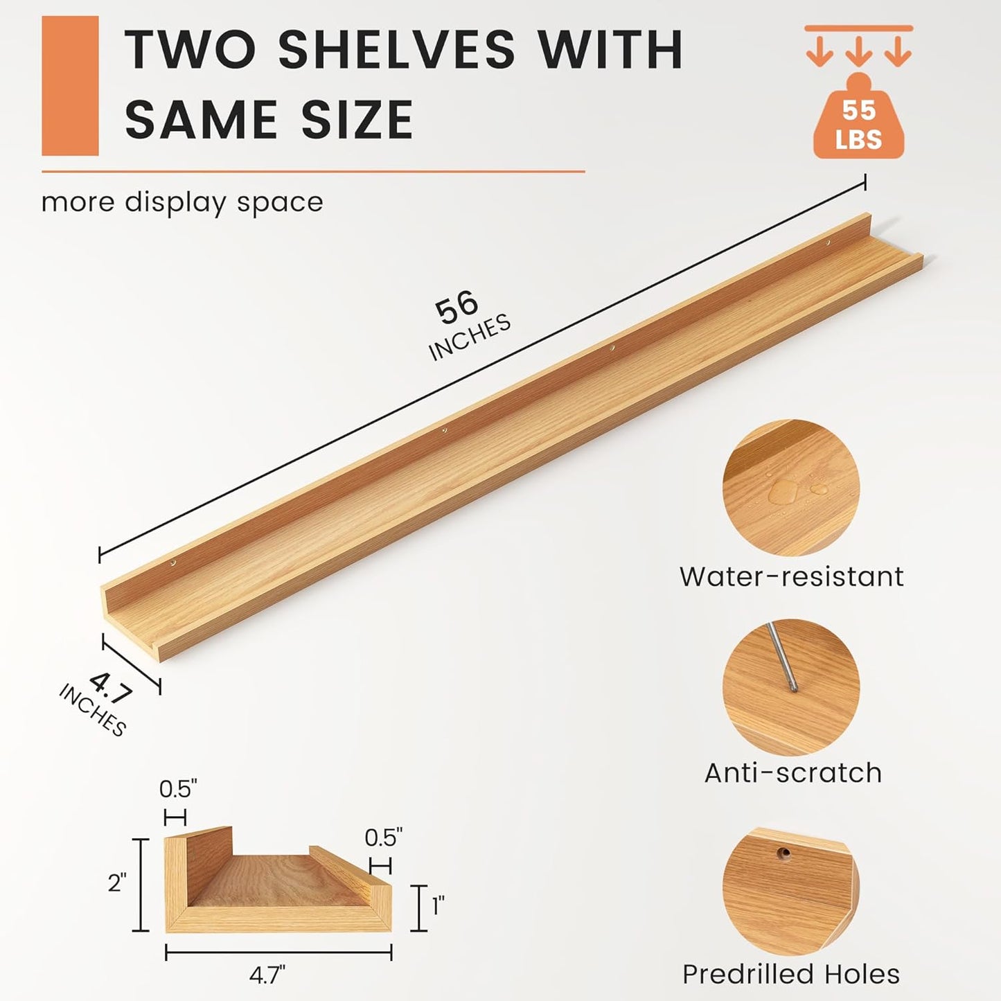 FLYJOE Picture Ledge Shelf, Floating Shelves Set of 2, 48 Inches Long Large Nursery Book Shelves for Toys Storage, Kids Bookshelf Wall Mounted for Living Room Bedroom Decor Books Photo Frames, Walnut