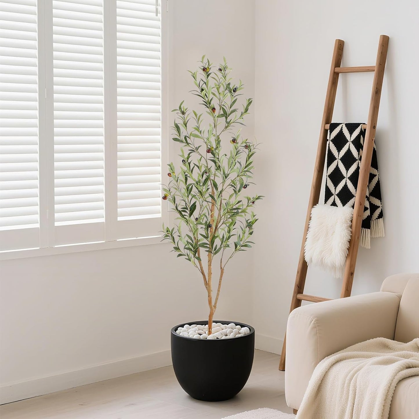 Bellacat Faux Olive Tree 7ft，Olive Trees Artificial Indoor with Natural Wood Trunk and Realistic Leaves and Fruits. 7 Feet(84in) Fake Olive Tree for Home House Office Décor.