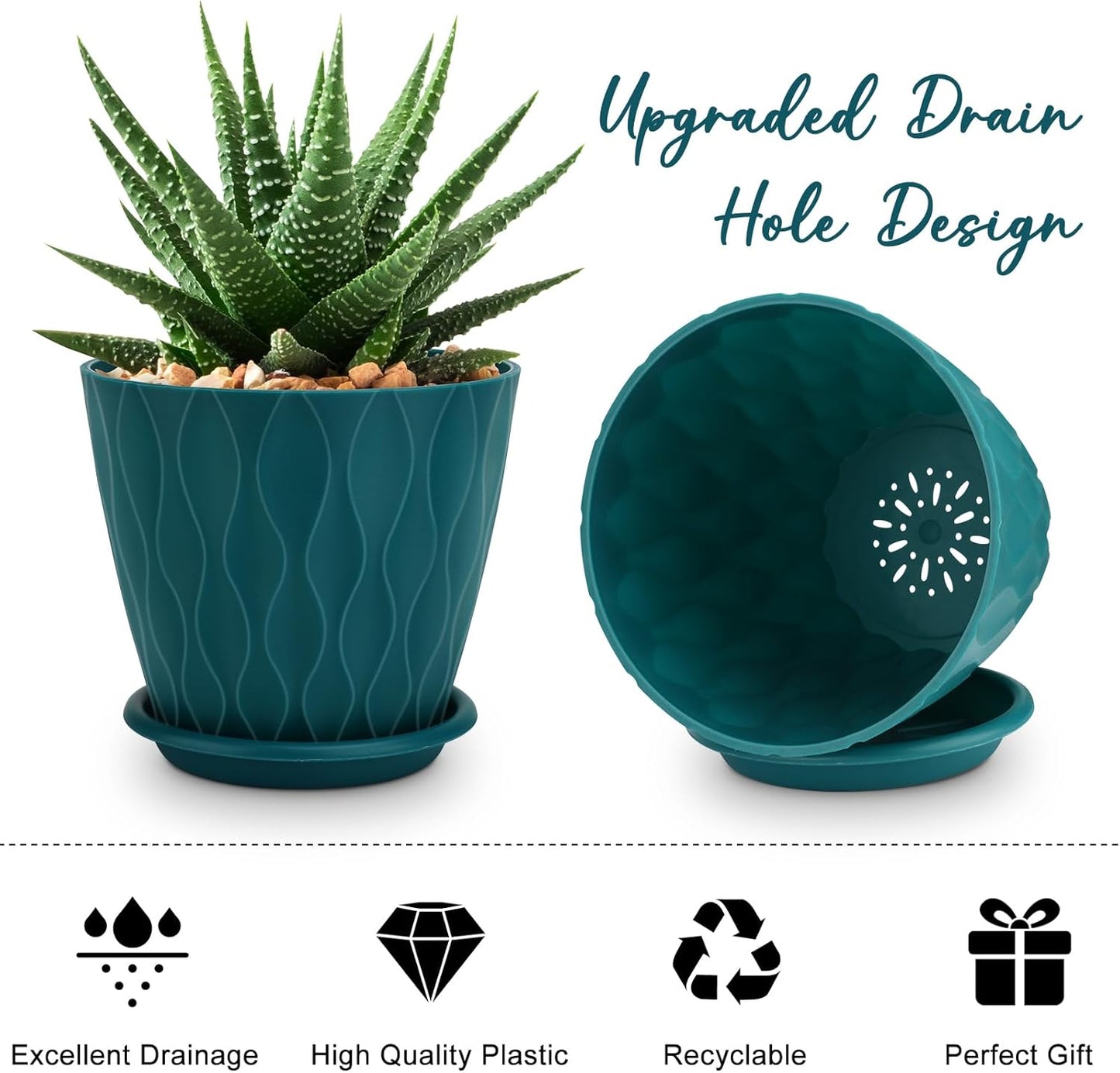 YNNICO 6 inch Plant Pots, 5 Pack Flower Pots Outdoor Indoor, Planters with Drainage Holes and Tray Saucers（Multicolor）