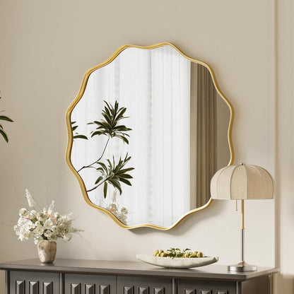 VooBang Black Scalloped Large Circle Mirror, 42" Wavy Edge Round Wall Mirror with Tempered Glass Textured Circular Metal Deep Frame, Hanging Leaning for Bathroom, Hallway, Entryway, Livng Room