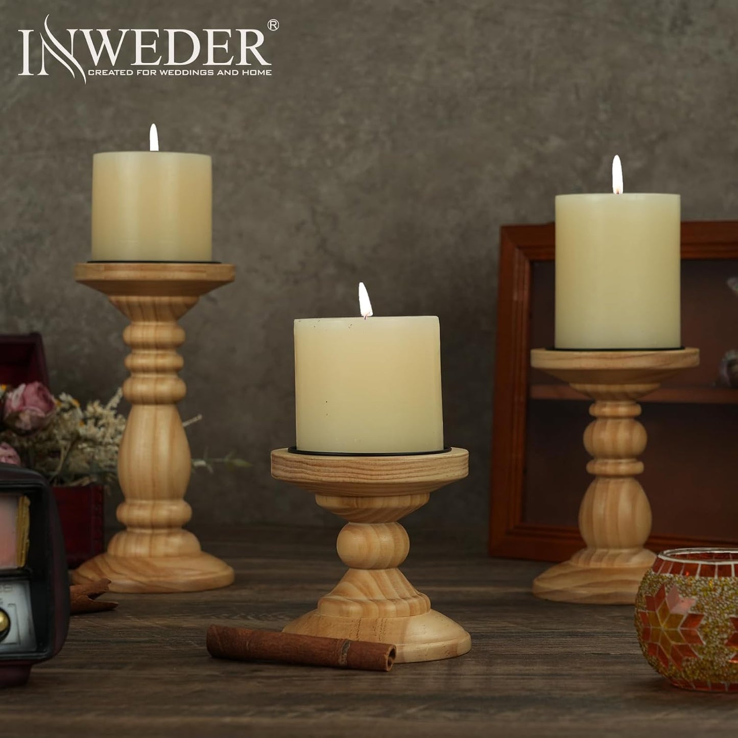 Wood Pillar Candle Holder: 3Pcs Rustic White Candle Holders for Pillar Candles Wood Candle Holders Distressed Wooden Farmhouse Candle Holder Large Rustic Candle Holder for Fireplace Table