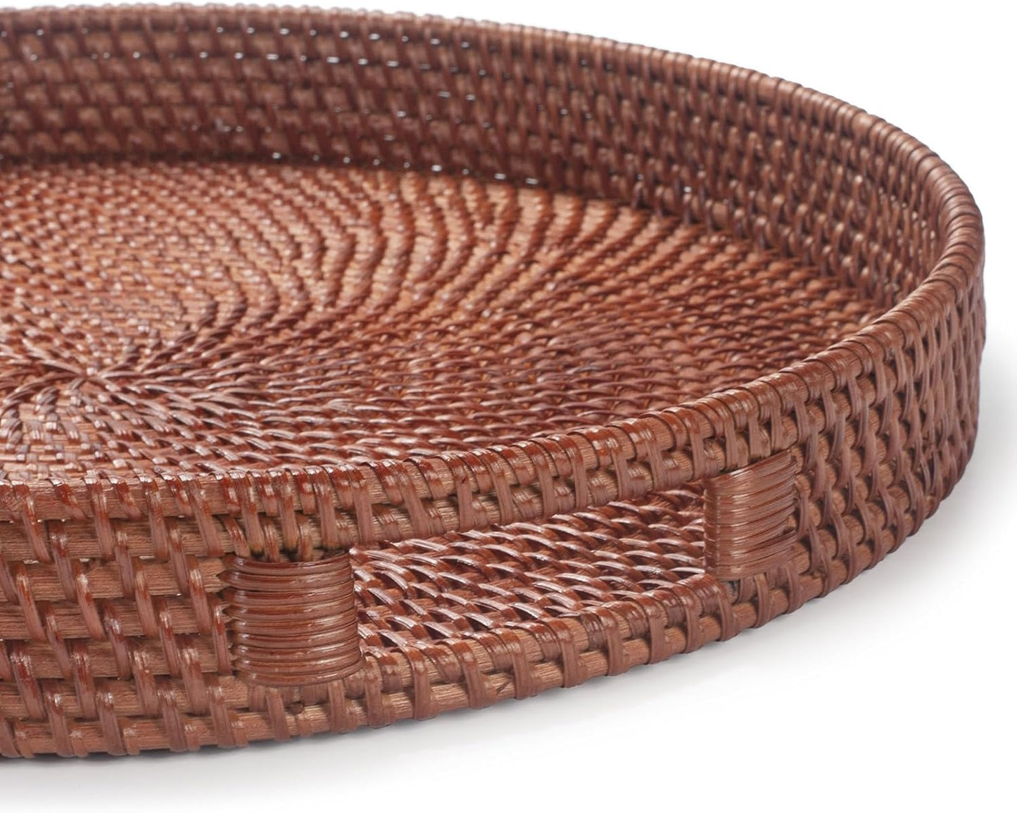 13.8 inch Round Rattan Tray, Decorative Coffee Table Tray, Ottoman Tray, Woven Serving Tray with Handles, Wicker Serving Basket, Whitewash