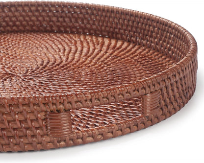 13.8 inch Round Rattan Tray, Decorative Coffee Table Tray, Ottoman Tray, Woven Serving Tray with Handles, Wicker Serving Basket, Whitewash