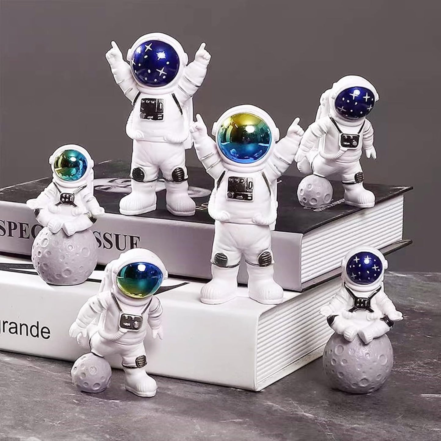 Blue White Astronaut Statues Set of 4, Spaceman Sculpture Figurines Outer Space Theme Decor for Nursery Room Cake Topper
